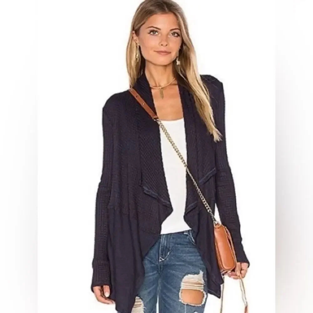 NEW Velvet by Graham & Spencer Small Navy Bertha Waffle Knit Draped Cardigan NWT